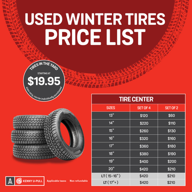 Used Tires starting at $19.95. Wide inventory at Kenny U-Pull in Tires & Rims in Truro