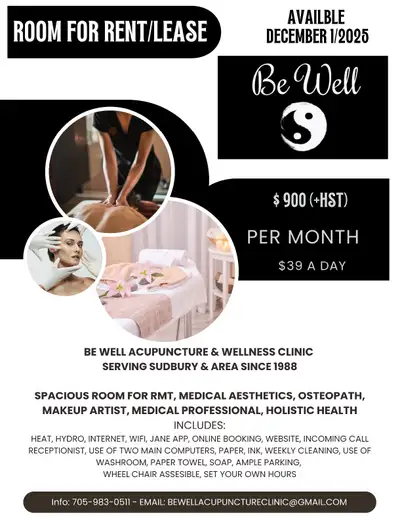 Spacious treatment room available for rent as of December 1/2025 INFO: BE WELL ACUPUNCTURE & WELLNES...