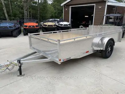 All Aluminum 6x12 utility trailer, Bifold Ramp Solid aluminum sides 17in. high - Top tie down rail....