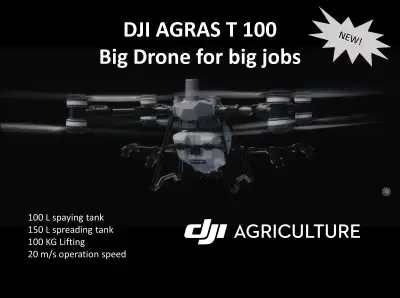 FREE set of Propellers and training with T100 AG Drone Purchase. $2000 value. 100 L spray tank. Flig...