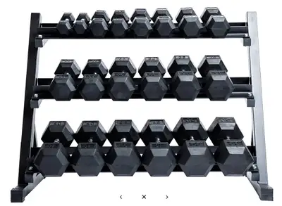 NEW 5-50 LB RUBBER HEX DUMBBELL WEIGHT SET & STAND 7225021, View more