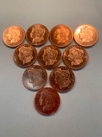 10 - 1 Oz Copper Bullion Morgan Dollar Design Red Coins 0.999