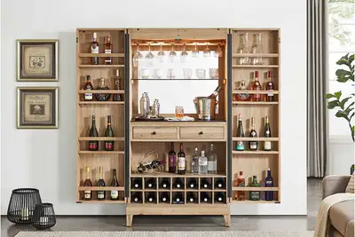 WALLACE Large Oak Wood Multifunctional Storage Bar Cabinet, View more