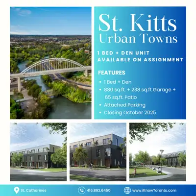 Assignment Opportunity in St. Catharines! 1 Bed + Den Urban Town at St. Kitts | $629,990 Discover sm...