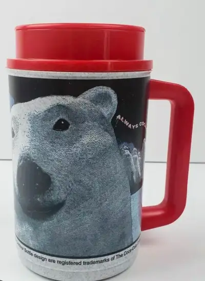 1993 COKE ALWAYS COCA COLA POLAR BEAR Insulated Thermo Travel Cup/Mug with lid & handle NEW conditio...