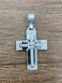 14K White Gold  Cross Pendant w/ Cubic Zirconia Accents