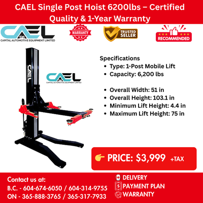 New CAEL Single Post Hoist 6200lbs Certified & Warranty & Finance $3,999 CAEL Certified Single Post...