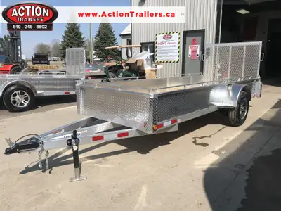 ACTION SERIES 5 X 14 SINGLE AXLE ALL ALUMINUM UTILITY TRAILERS WITH SOLID ALUMINUM SIDES,, REAR STRA...