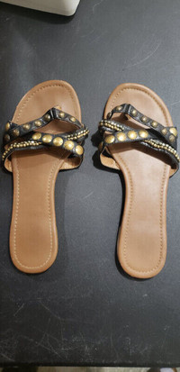 Fancy flats sandals with copper stud decor and black straps, siz