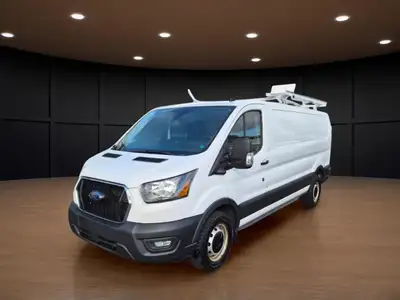 The 2023 Ford Transit Cargo Van, clad in a clean white finish and equipped with rear-wheel drive, of...