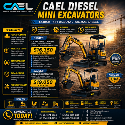 NEW CAEL Diesel Excavators — 1.8T & 2T Kubota Engine certified warranty 16,350 Certified • Warranty...