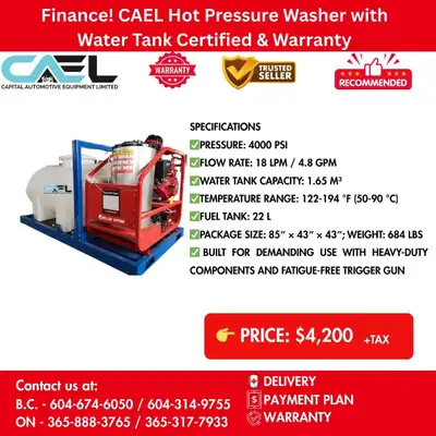 Finance! New CAEL Hot Pressure Washer with Water Tank Certified & Warranty 4,200 CAEL Hot Pressure W...