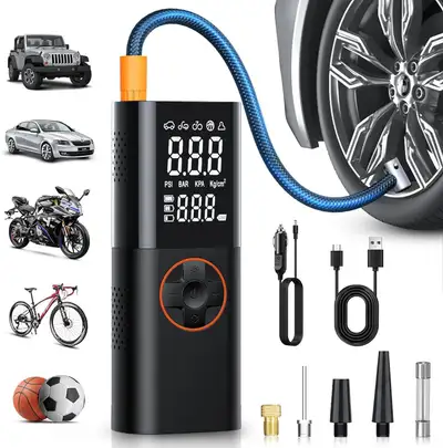 Tire Inflator Portable Air Compressor, Cordless Battery and 12V DC Dual Power Air Pump for Car Tires...