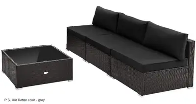 Brand new - 3 Outdoor Wicker Armless Chairs and Coffee table, View more