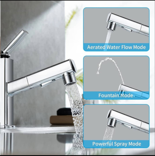 HANLIAN Single Hole Pull Out Faucet for Bathroom Sink, 3 Modes B in Kitchen & Dining Wares in Gatineau - Image 2