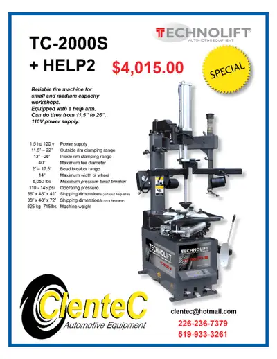 TIRE CHANGER TIRE MACHINE - PROFESSIONAL TECHNOLIFT TC2000S - $2,805.00 Professional / Reliable tire...