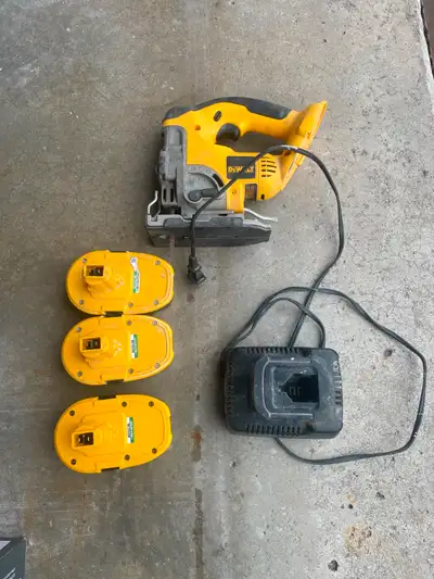 Dewalt jig saw and battery charger and 3 batteries, View more