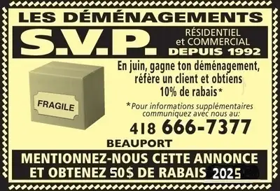 AIDE-DÉMÉNAGEUR, (BEAUPORT)418-666-7377, View more