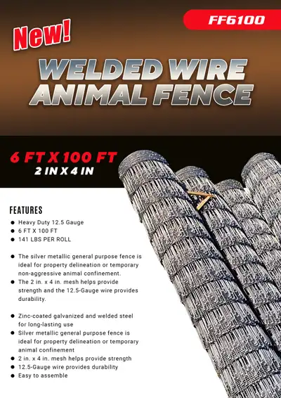 NEW 6 FT X 100 FT 2 IN X 4 IN WELDED WIRE ANIMAL FENCE FF6100, View more