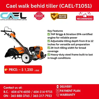 Finance! New CAEL Walk Behind Tiller for Efficient Soil Cultivation $1,250 Powerful - Durable - Perf...