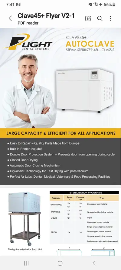 Flight Clace 45 Class S Lab Pilot Steam Sterilizer 45Liter - LEASE TO OWN from $800 per month BUY OU...