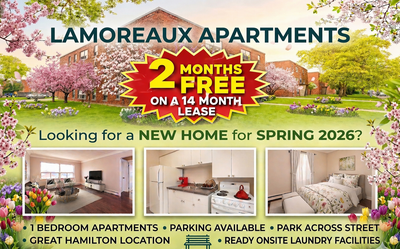 SKYVIEW LAM APTS - 1-15 LAMOREAUX STREET, HAMILTON, ON SIGN A 14 MONTH LEASE GET 2 MONTHS FREE. BUDG...