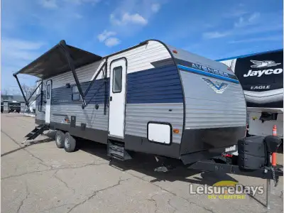 Prime Time Avenger travel trailer 28BHS highlights: Dual Entry Double-Size Bunks Sofa Fireplace Priv...