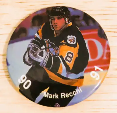 PHOTO 1 & 2: ~Vintage 1990-91 #8 Mark Recchi Pittsburgh Penguins Collectors 1.5” Pinback. Find all o...