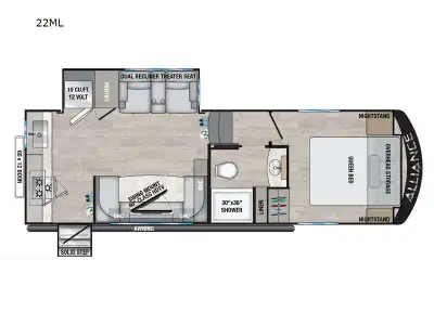 Alliance RV Avenue All-Access fifth wheel 22ML highlights: Queen Bed Rear 60in.in. x 12in.in. Storag...