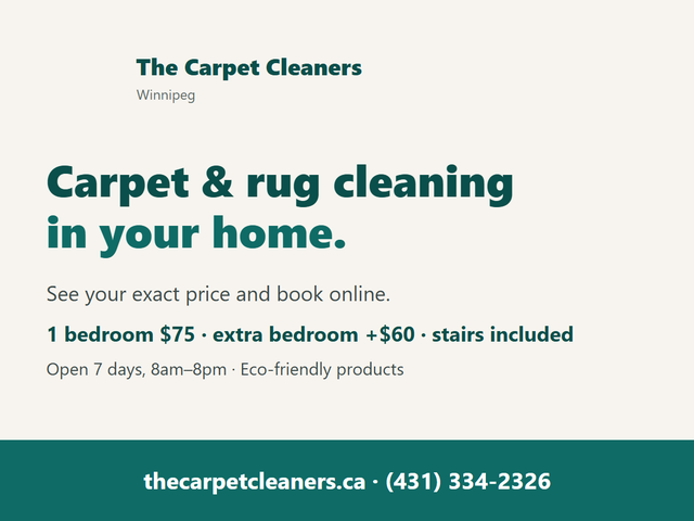 Carpet Cleaning Winnipeg - 1 Bedroom $75, Stairs Included