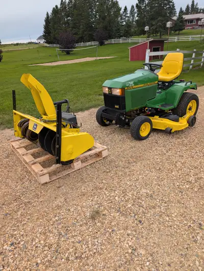 John Deere 455 diesel with snowblower and 60" mowing deck, View more
