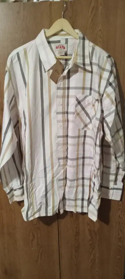 Men’s Long Sleeve Plaid Button-Up Shirt – Neutral Beige/White, View more