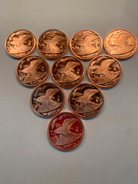 10 - 1 Oz Copper Bullion Eagle On Shield Design Red Coins 0.999