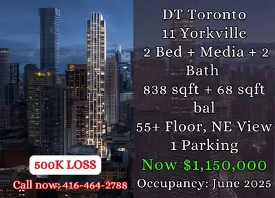 ️ 11 Yorkville | Downtown Toronto ️ 2 Bed + Media | 2 Bath 838 sqft interior + 68 sqft balcony 55+ F...