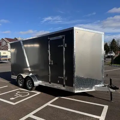 Grand River Trailer Sales Cargo trailer Aluminum contractor frame 7x16+Vee 7FT interior height , ram...