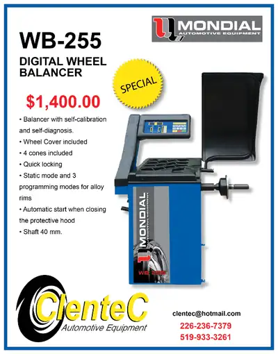 MONDIAL WB255 DIGITAL WHEEL BALANCER - $1,400.00 Features; Balancer with self-calibration and self-d...