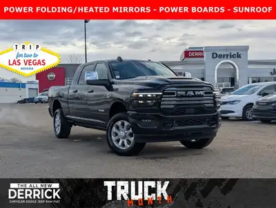 The 2026 Ram 2500 Laramie Mega Cab in Diamond Black Crystal Pearl combines heavy-duty capability wit...
