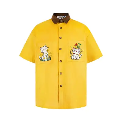 Embroidered corduroy color blocked short sleeved shirt, View more