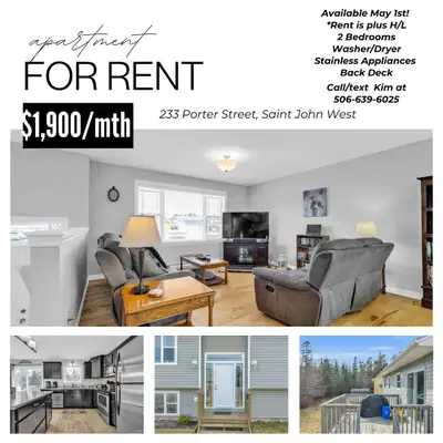 Lovely and bright open, two-bedroom apartment on Porter Street in Saint John West. Laundry in unit....