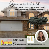 OPEN HOUSE Apr 27&28 1-3 at 4661 Shadetree Crescent, Windsor ON