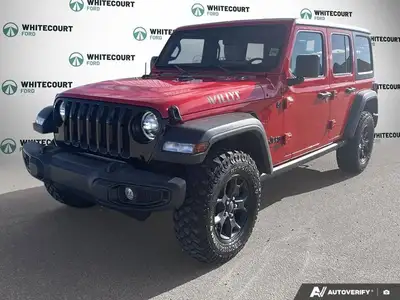 Introducing the vibrant 2022 Jeep Wrangler Unlimited Willys 4x4 in an eye-catching Firecracker Red,...