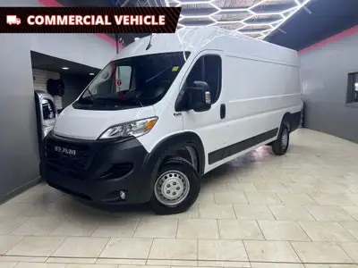 The 2025 Ram ProMaster Cargo Van in a clean white finish, equipped with front-wheel drive, is design...