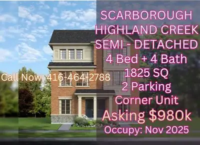 Scarborough – Rare Semi-Detached Opportunity 4 Bedrooms | 4 Bathrooms | 1,825 Sqft Assignment for $9...