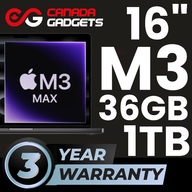 Macbook Pro 16" M3 Max | 36GB Ram | 1TB SSD | Black | 3 Year in Laptops in Mississauga / Peel Region