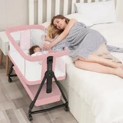 BRAND NEW - 3 in 1 Baby Pink Bedside Bassinet Sleeper Height Adj, View more