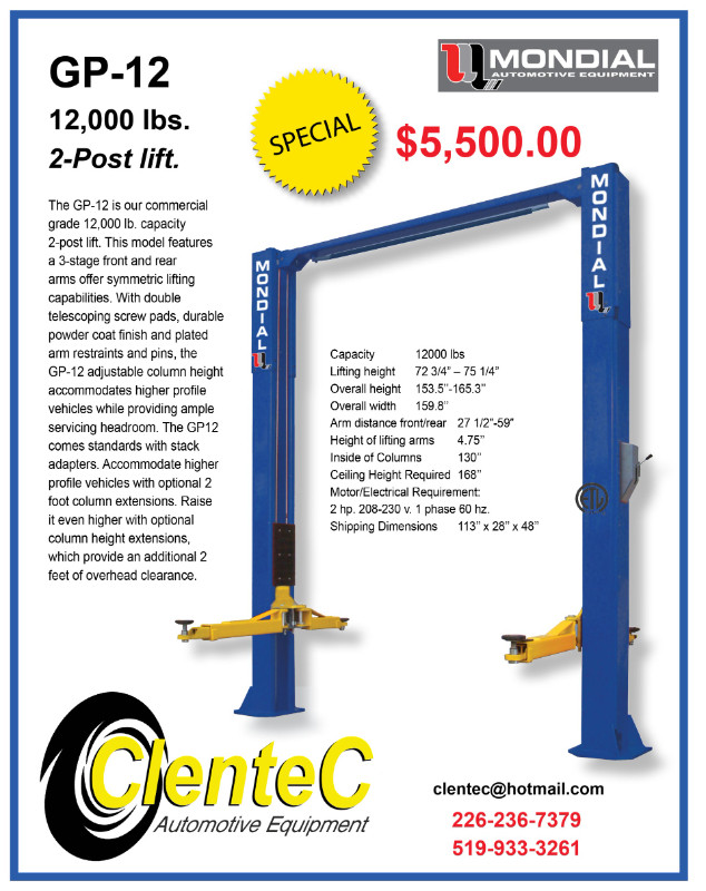 2 POST HOIST / 2 POST CAR LIFT 12,000lb. - $5,500 - CLENTEC in Other in St. Catharines