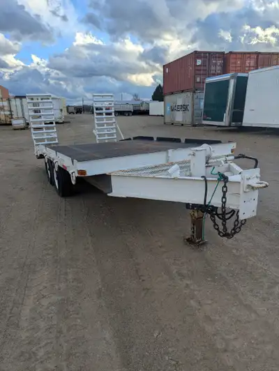 Tandem Axle Tag Along Flat Bed Trailer Electric Brakes 11x8ft Deck 5ft Beavertail 5ft Ramps 1990 Dob...