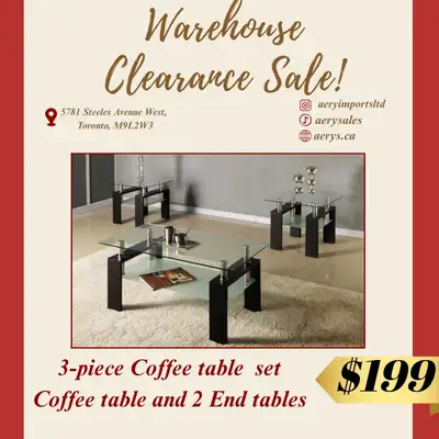 Love a good deal? You'll love our warehouse clearance sale! Coffee table sets starting from $139! Vi...