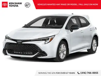Introducing the brand new 2026 Toyota Corolla Hatchback CVT, a stunning white hatchback with front-w...
