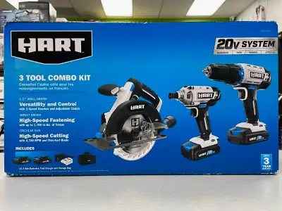HART 20V 3 Tool Combo Kit with (2) HART 20V 2.0Ah Batteries - NEW •½” Drill/Driver: 2-speed gearbox,...